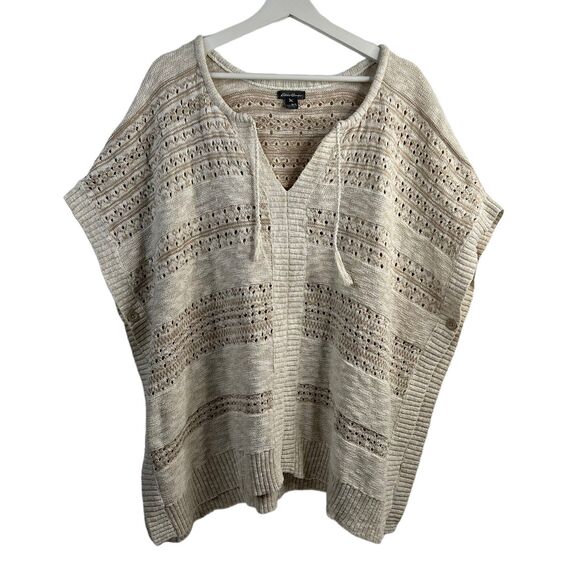 Eddie Bauer Sz M / L Poncho Sweater Beige Open Knit V-neck Short Sleeve Women’s - Picture 1 of 10